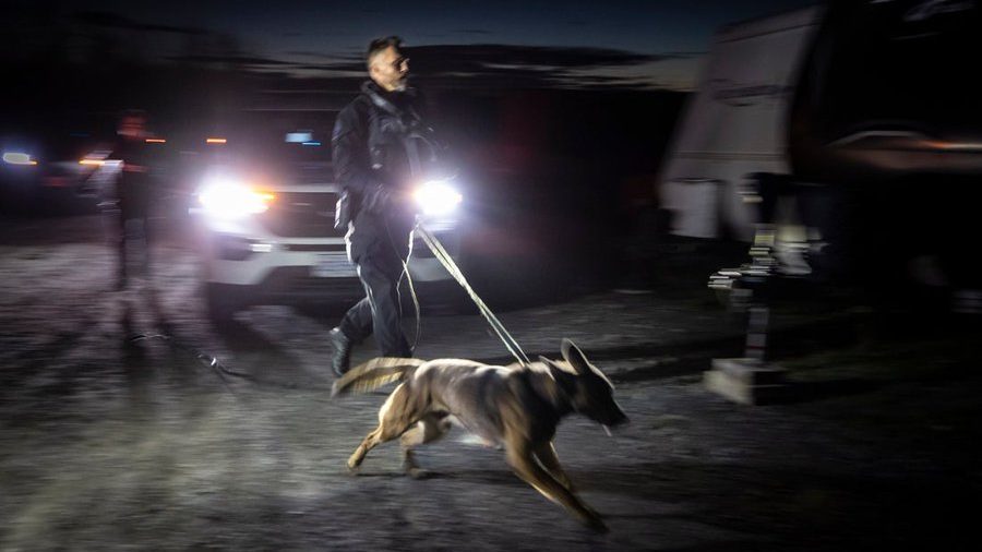 police chasing suspect at night with police dog
