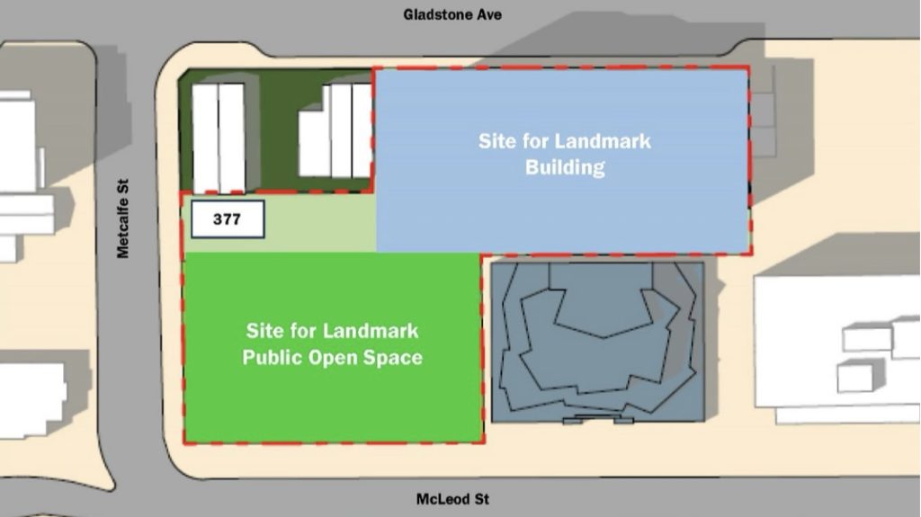 Proposed configuration of future Landmark development. Photo from Claridge Homes' Application for Demolition, prepared by Urban Strategies Inc.