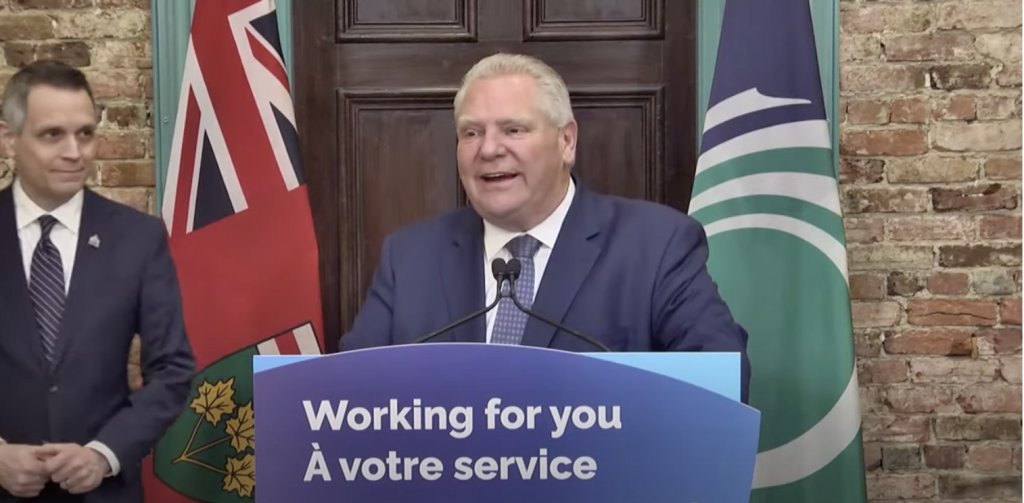 Premier Doug Ford at a press conference in Ottawa on April 29th. Photo captured from video by the Ontario Premier's Office.
