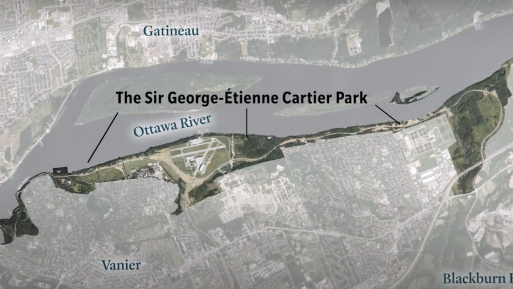 Aerial photo showing area included in Sir George-Étienne Cartier Park. Photo captured from NCC video footage.