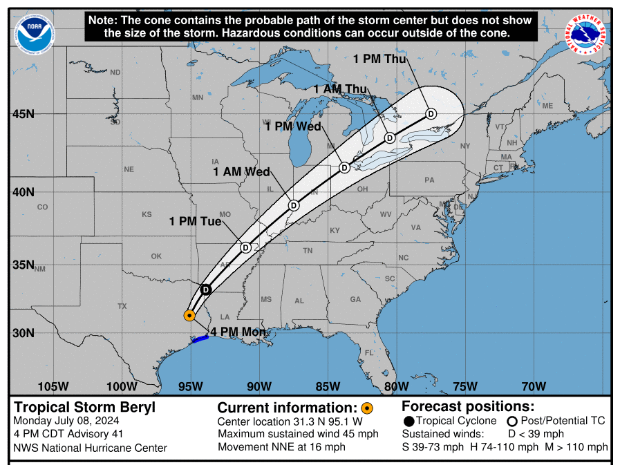 Tropical Storm Beryl track