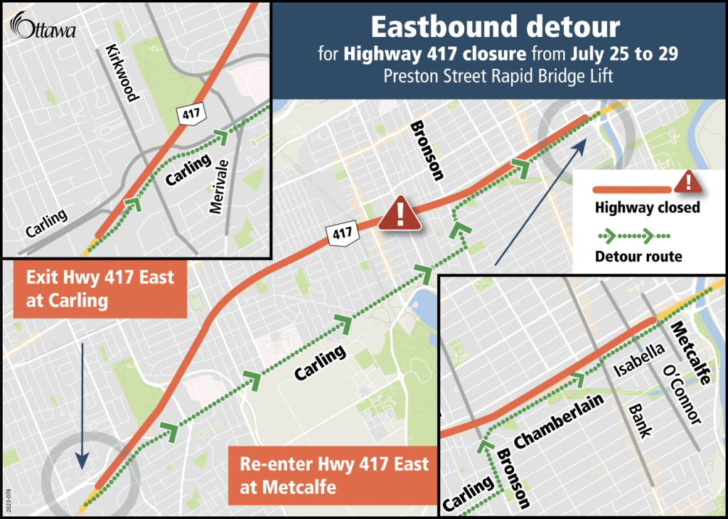 Eastbound detour for Highway 417 closure. Photo by City of Ottawa.