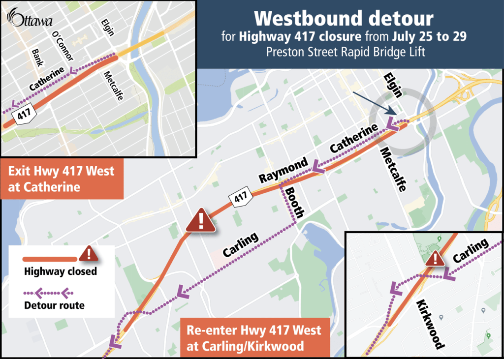 Westbound detour for Highway 417 closure. Photo by City of Ottawa.