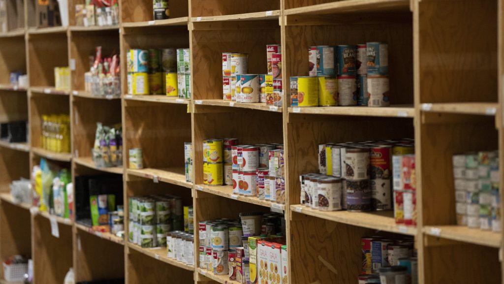 Canned products sit on shelves at the Kanata