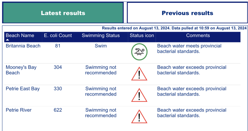 Ottawa beach water quality results based on data pulled on August 13, 2024.