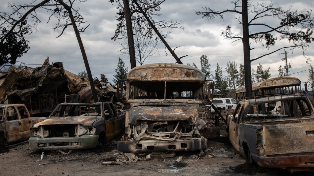 Burnt buses and cars in Jasper, Alta