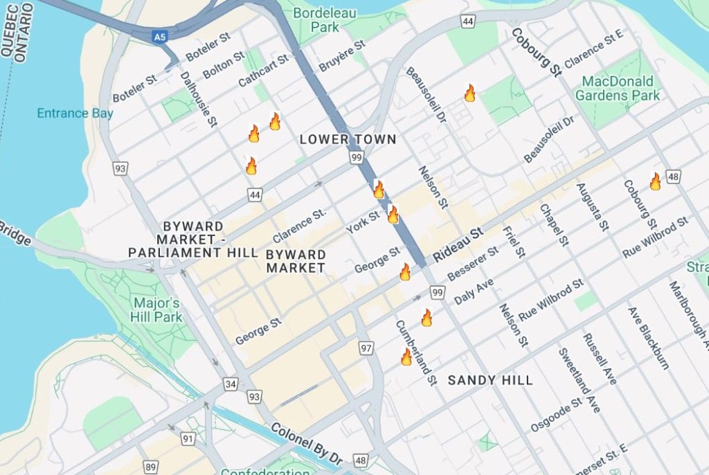 Map provided by Ottawa Police to show the arsons in the downtown area. (OPS)