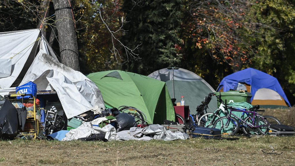 A homeless encampment on Notre-Dame street in the east end of Montreal,